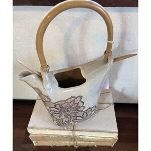 VTG Lace Impressed Tea Pot Pottery Bamboo Wood Handle Signed Studio Art